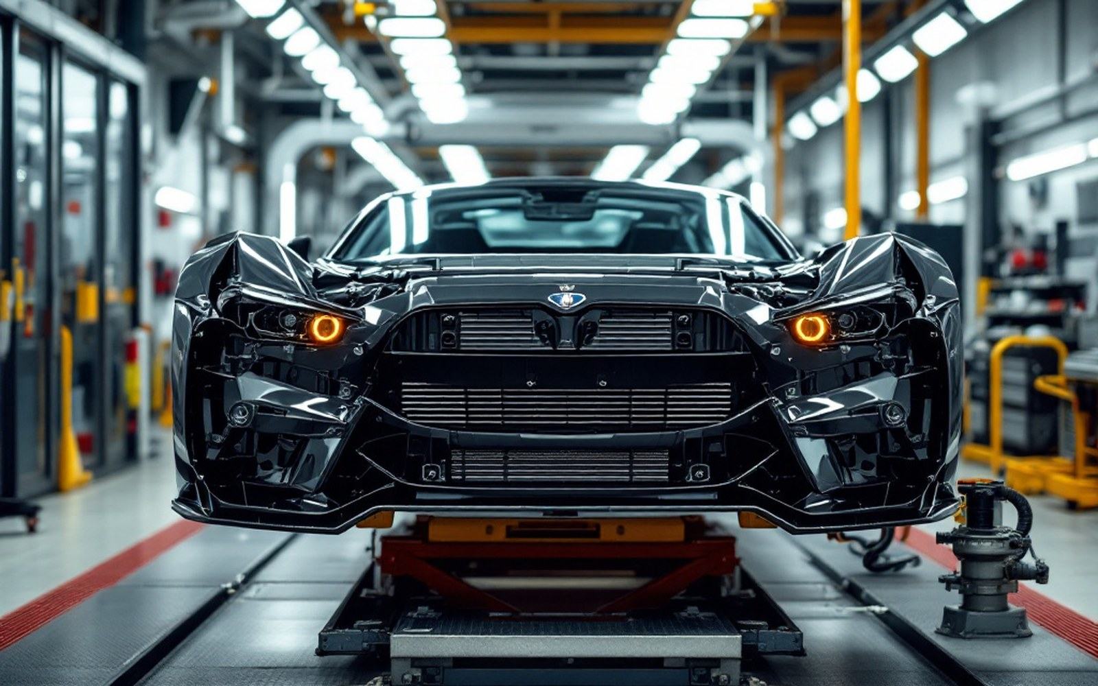 A front splitter and bumper assembly on a trestle