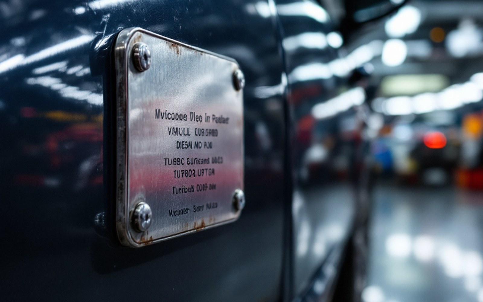 A vehicle identification plate riveted inside a door shut