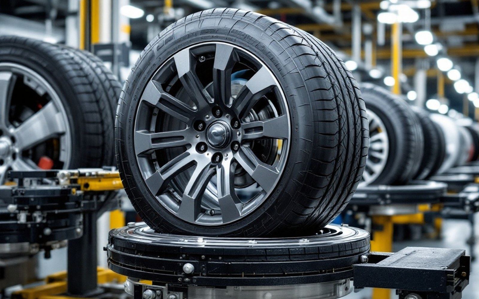 A wheel and tyre assembly on a balancing machine