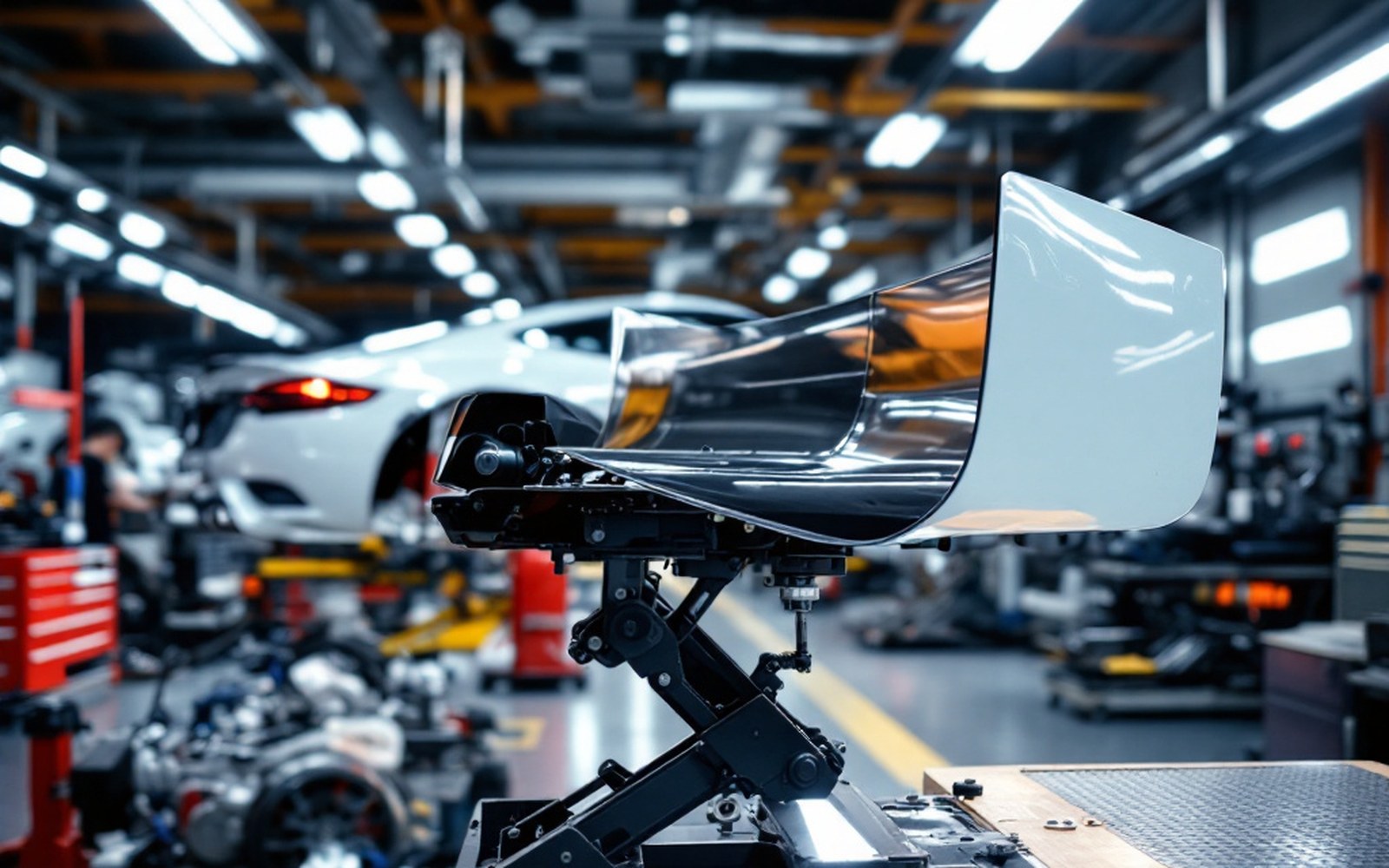A rear wing on an adjustable mount, shop lighting