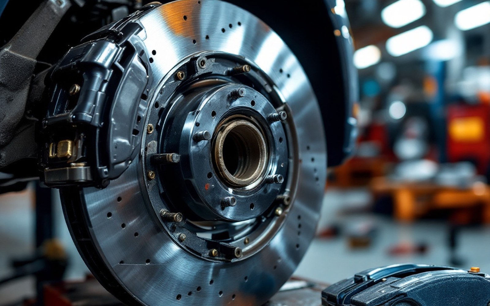 A ventilated brake disc and caliper off the car on a bench
