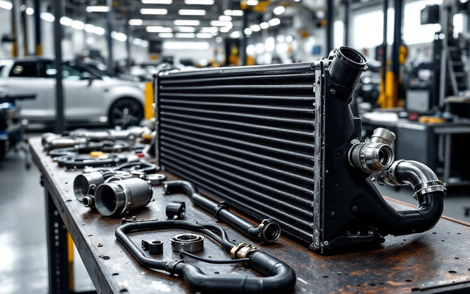 An intercooler core and pipework laid out on a bench