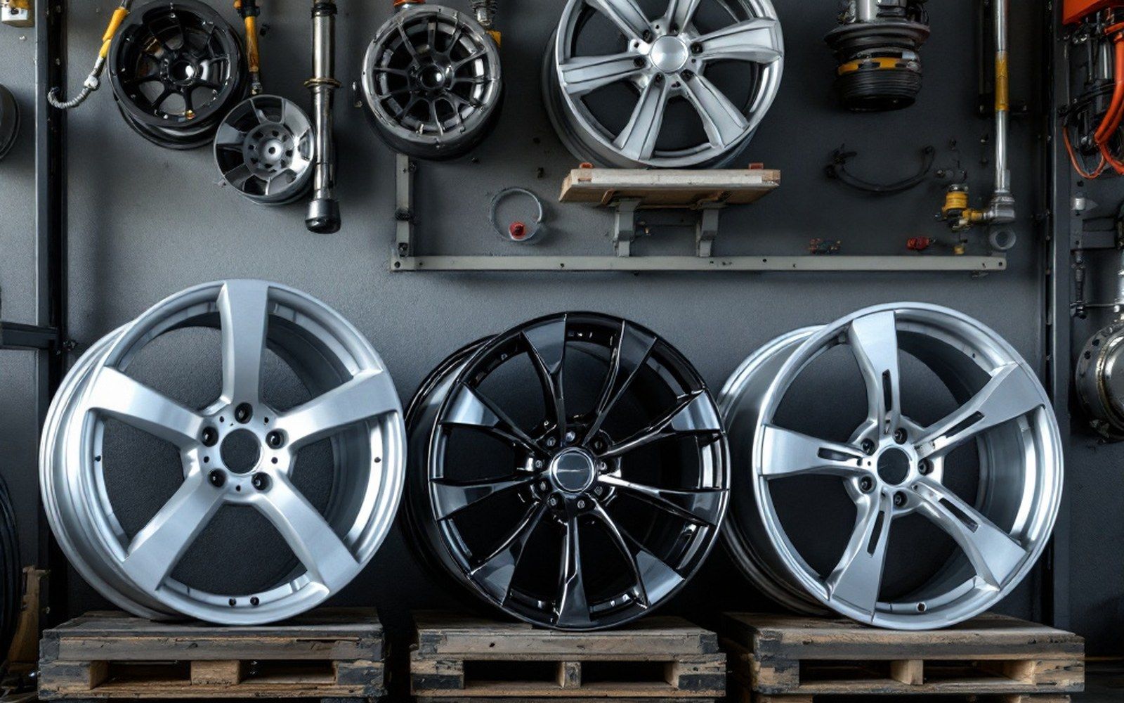 A rack of alloy wheels of different designs against a workshop wall
