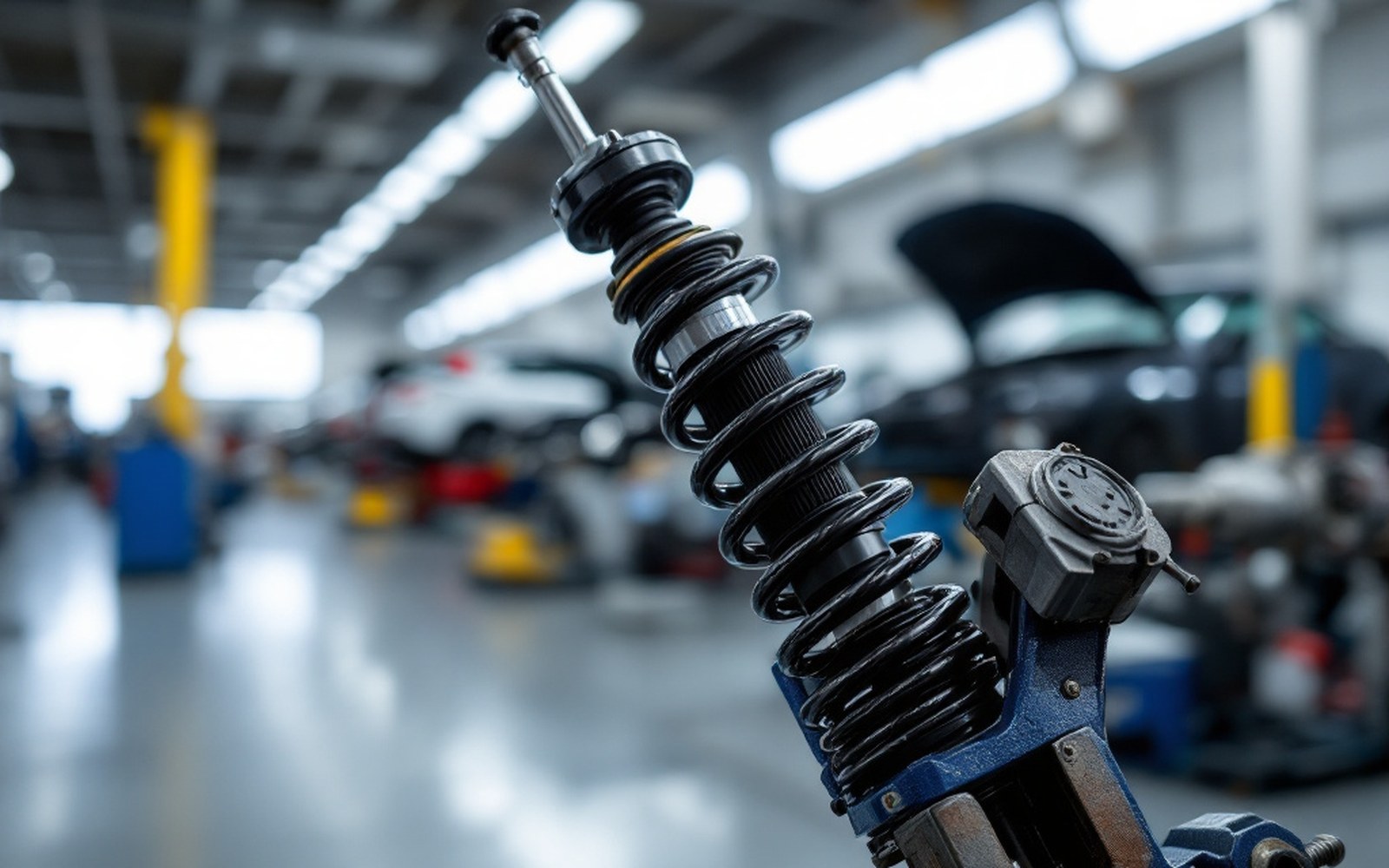 A coilover strut and top mount held in a vice