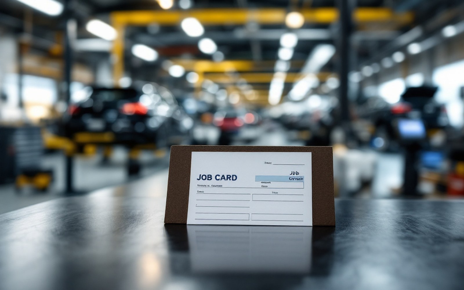 A service reception counter with a job card on it
