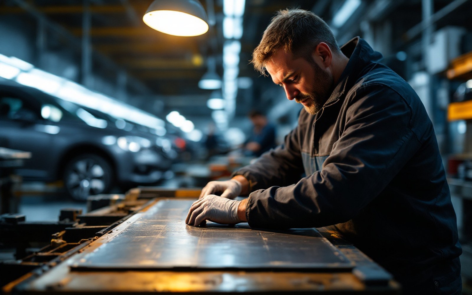A panel being flatted by hand under a work light