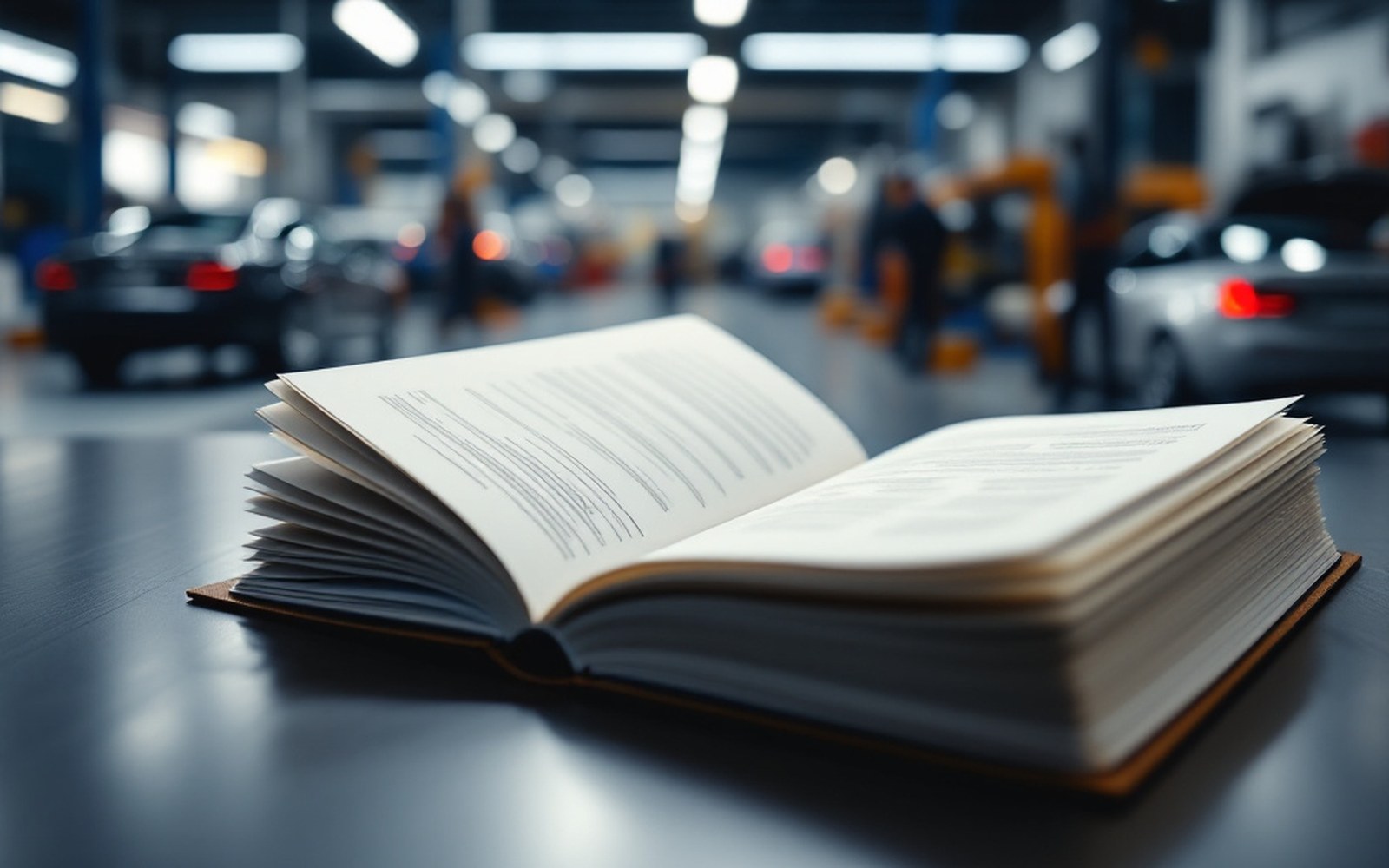 A folder of technical documentation open on a workshop desk